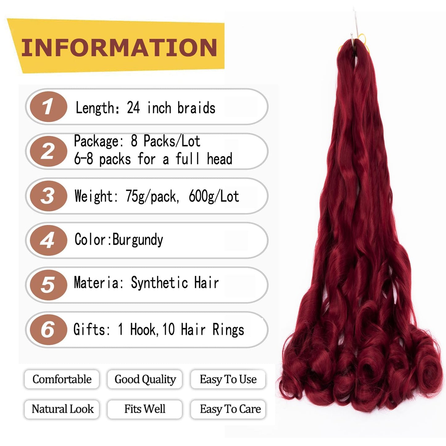 8 Packs French Braiding Hair - 24 Inch Loose Wave Spiral Crochet Hair for Black Women - Pre Stretched with Curly Ends (24 Inch, Burgundy)