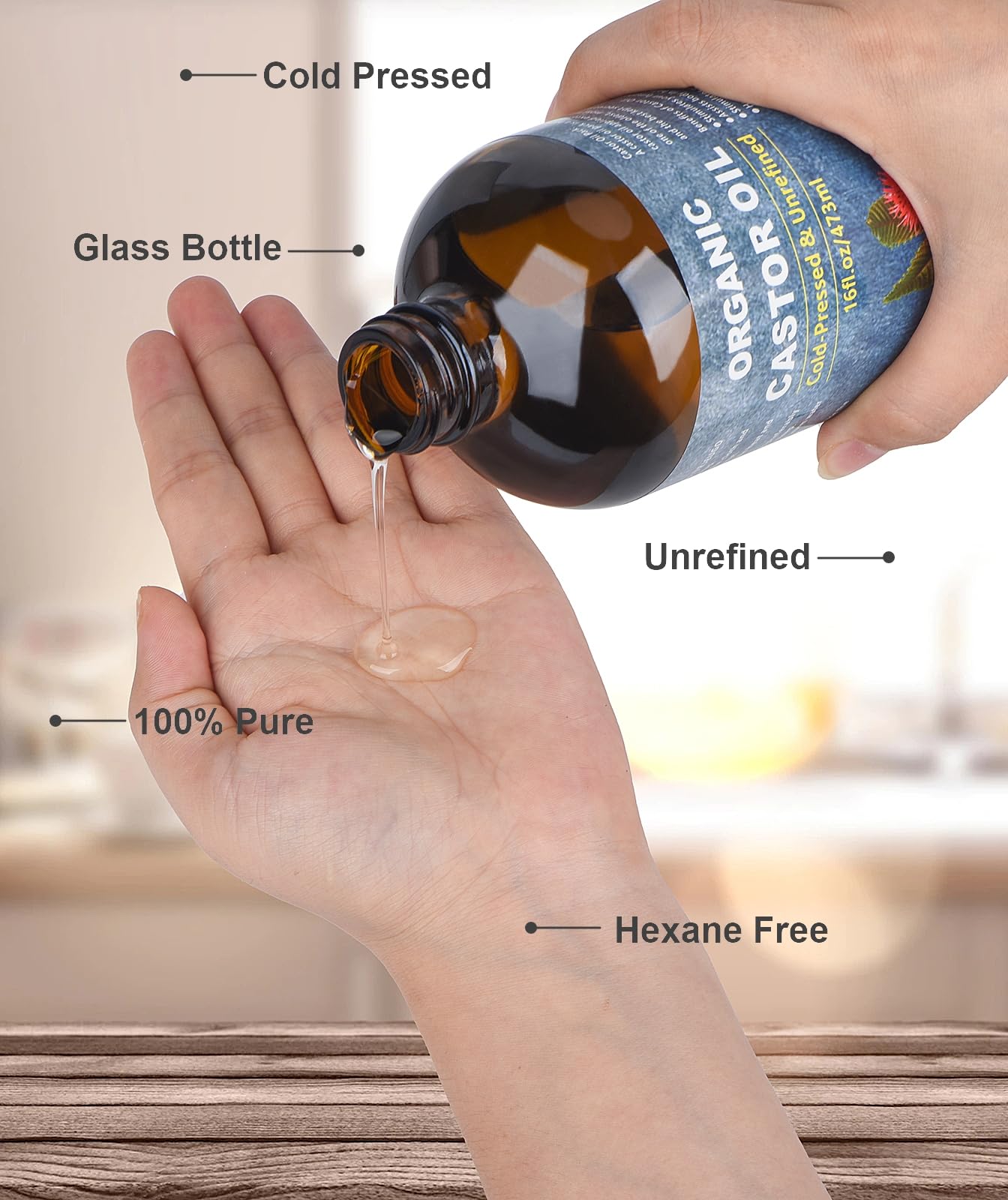 VRJEUGO Castor Oil Organic Cold Pressed Unrefined Glass Bottle, Organic Castor Oil for Face, Hair Growth & Thicker Eyelashes, 100% Pure and Hexane Free, 16oz