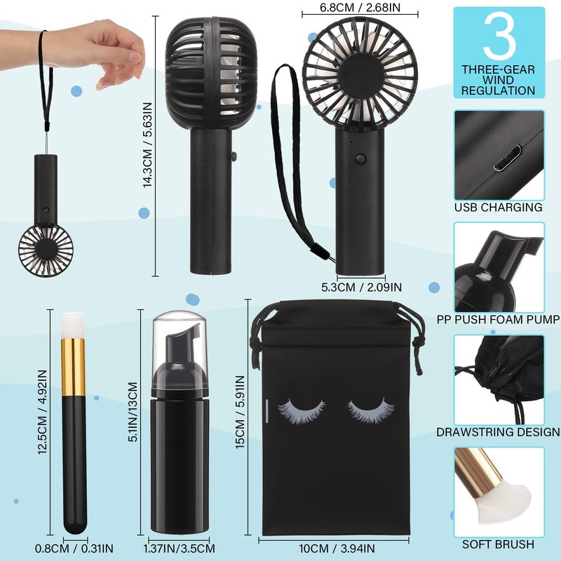 Woanger 24 Pcs Lash Shampoo Kits Rechargeable Handheld USB Portable Fans Eyelash Shampoo Brush Empty Bottle Wedding Gift Employee Appreciation Gift (400mah,Black)