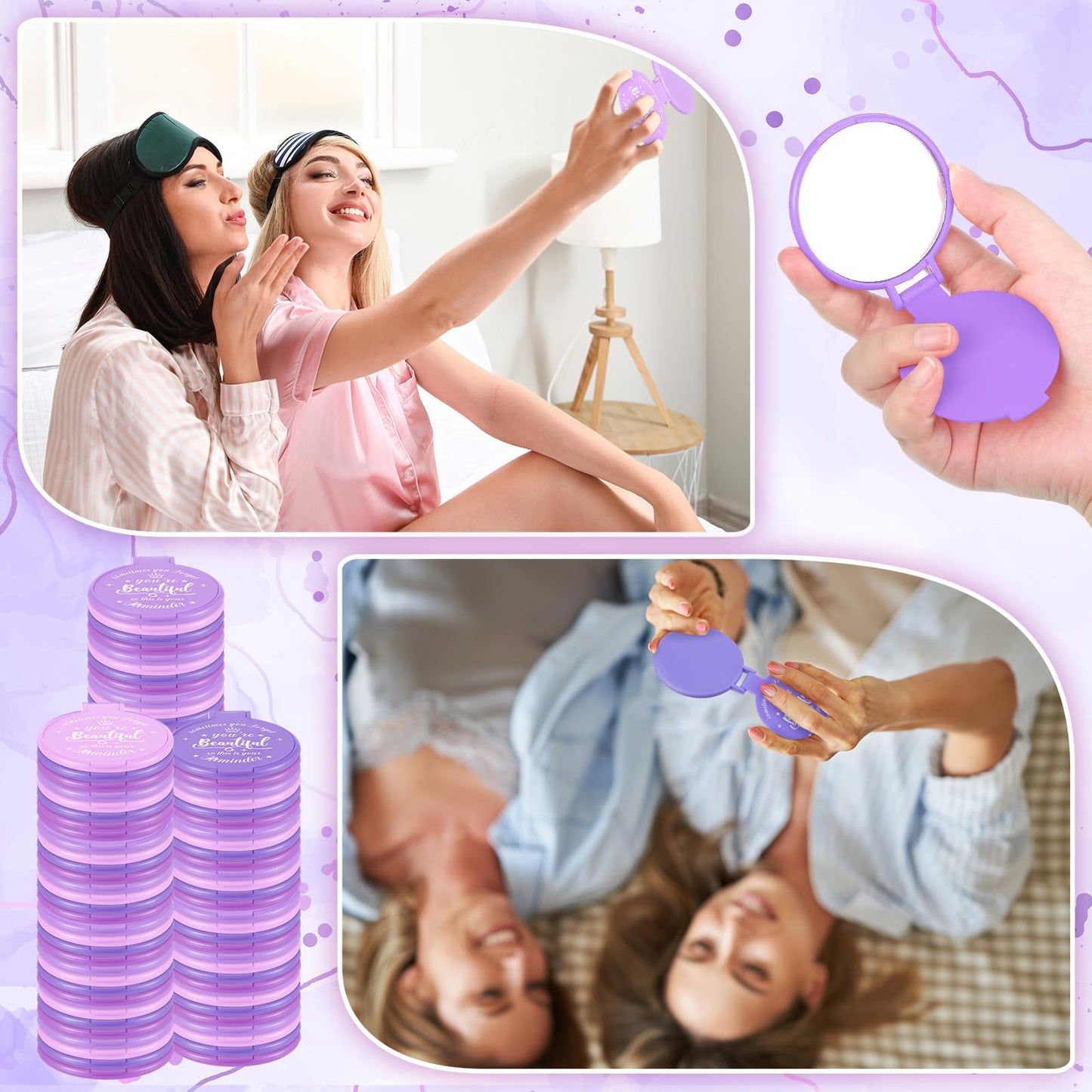 Gulfmew 100 Pcs 2.76 Inch Inspirational Compact Mirror Bulk Women Small Gifts Graduation Mothers Day Party Favors Purse Mirror Pocket Mini Items for Adult Coworker Cheerleader Swag Bag (Purple Series)