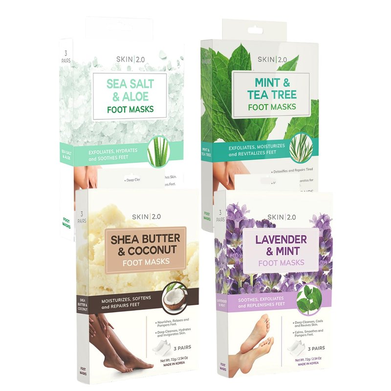 Skin 2.0 Exfoliating Foot Mask Variety Pack – Dermatologist Tested, Korean Skin Care – Hydrates Dry Feet, Softens Rough Areas & Refreshes Tired Steps – Vegan, Cruelty Free, Clean Beauty – 12 Pairs