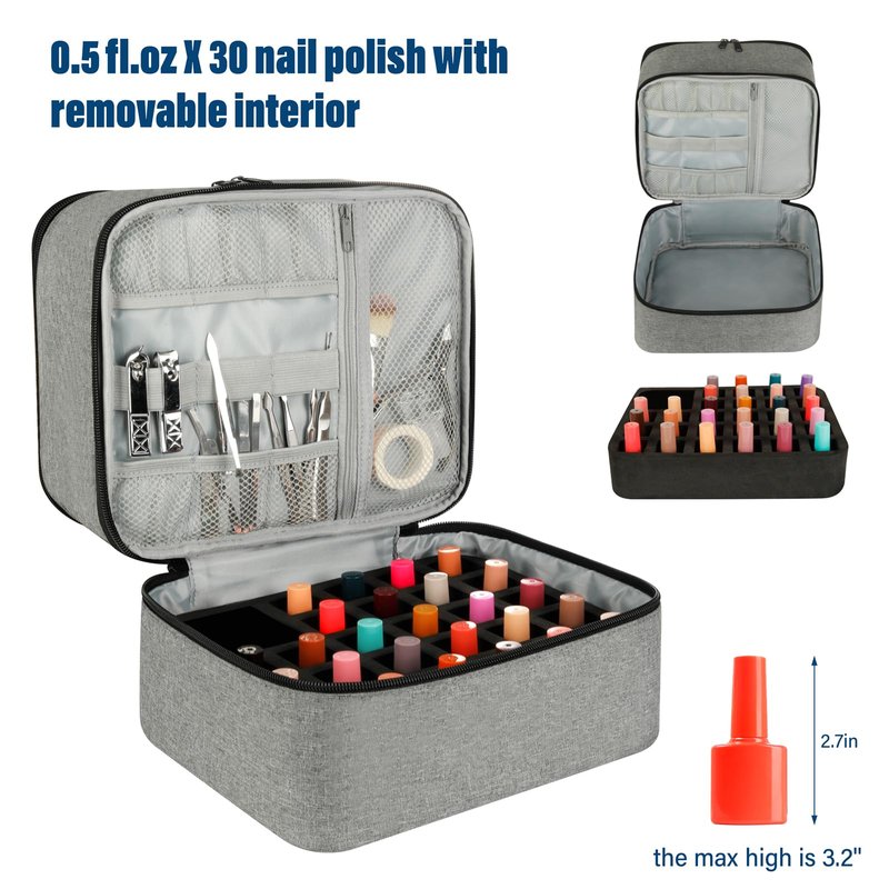 LIVEBAY Nail Polish Organizer Bag, Double-Layer Nail Supplies Organizer Holds 30 Bottles & Nail Lamp, Professional Nail Kit Storage Carrying Case (Gray)