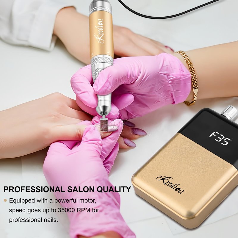 Kredioo Portable Nail Drill 35000 RPM, Rechargeable Electric Nail File E File Kit with Storage Bag Professional Manicure Kit for Nail Lovers Salon Home DIY-Pink