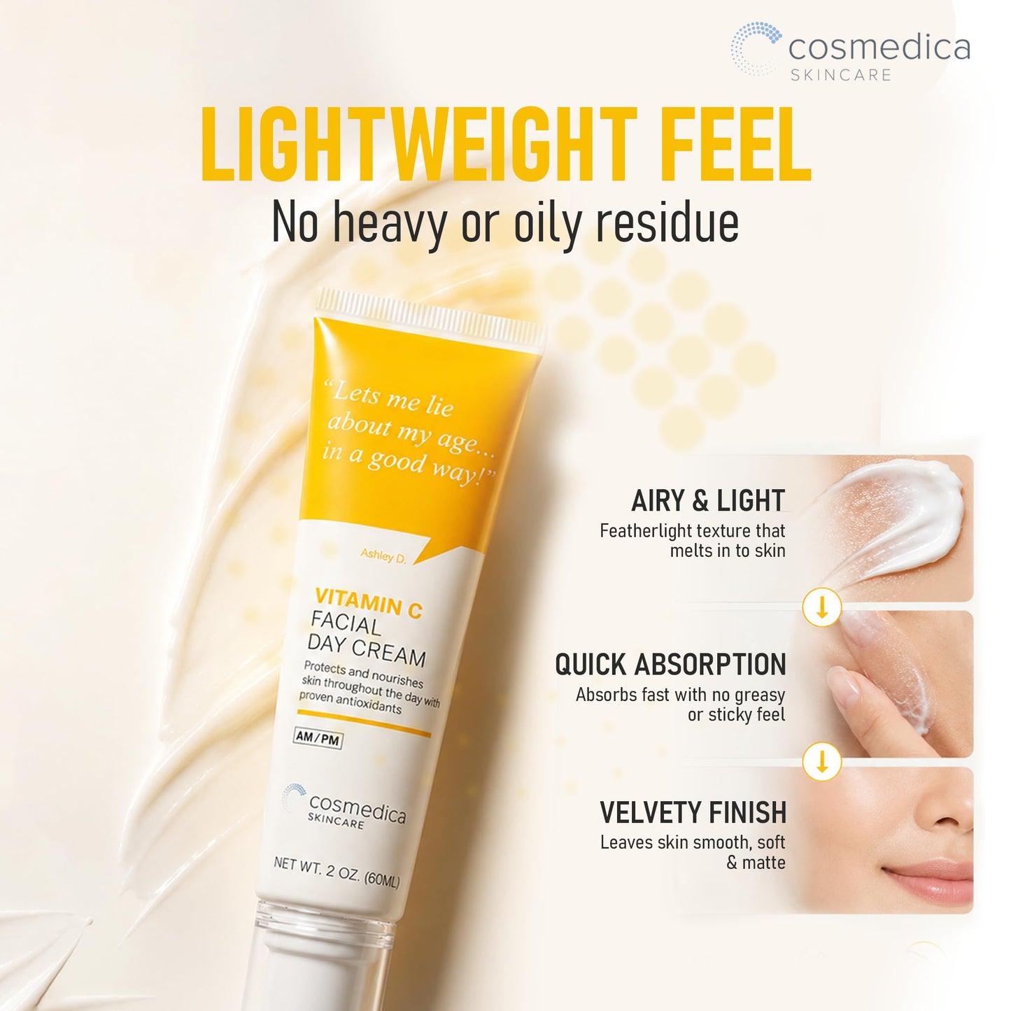 Cosmedica Skincare Vitamin C Facial Moisturizer – 15% Vitamin C Facial Day Cream - 2 ounces – Protects and nourishes skin throughout the day – Vegan, Cruelty Free Skincare