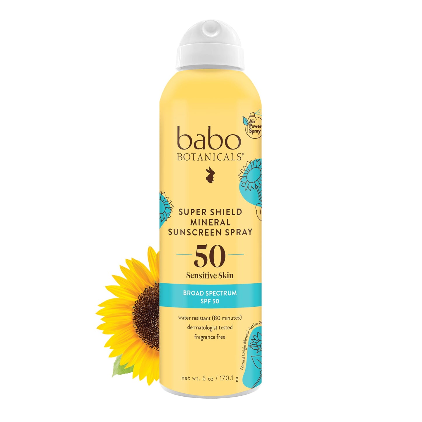 Babo Botanicals Super Shield Mineral Sunscreen Spray SPF 50 with natural origin zinc oxide & titanium dioxide. Sensitive skin, vegan, fragrance-free, water resistant, air-powered spray - For all ages.