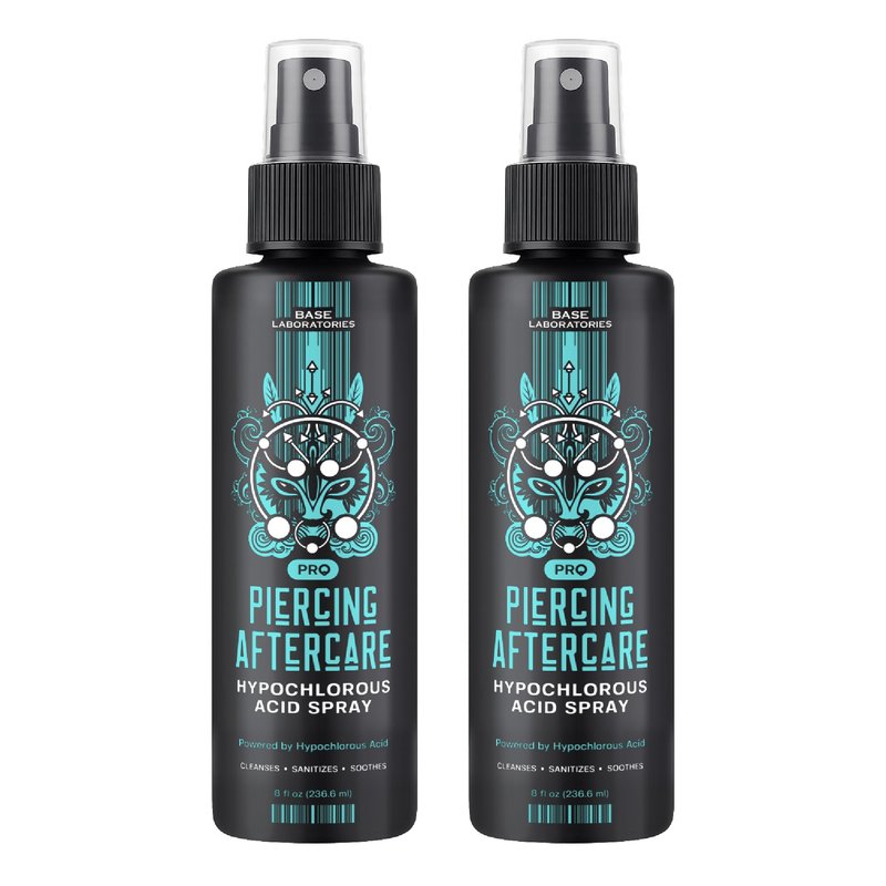 BASE LABORATORIES Piercing Aftercare Hypochlorous Acid Spray PRO - 8 OZ | Saline Solution Piercing Aftercare - Saline Spray for Ear Piercings, Bumps & Keloids | Ear, Nose, Belly - 2PK
