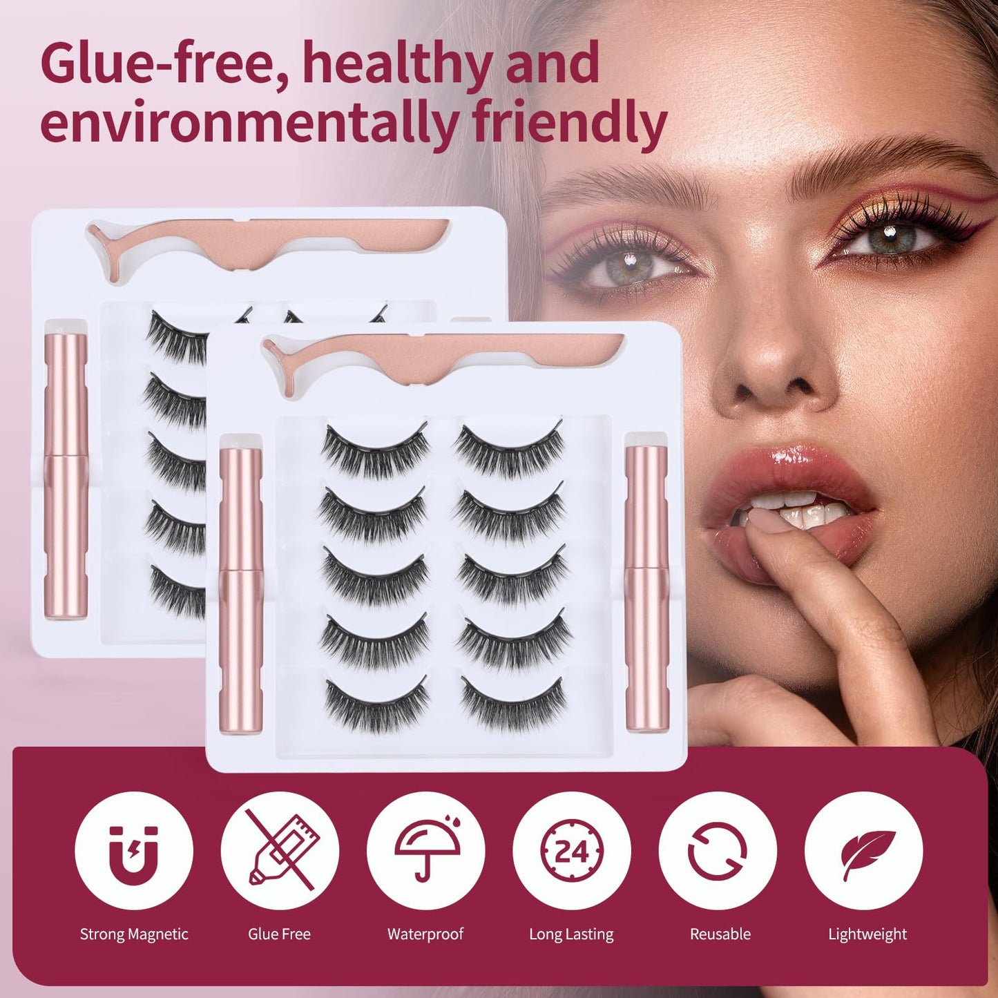 Houldhowd Magnetic eyelashes with eyeliner (5 pairs), is simple and convenient to wear, can be reused, glue-free, and can be used longer with 2 eyeliners (natural styles)