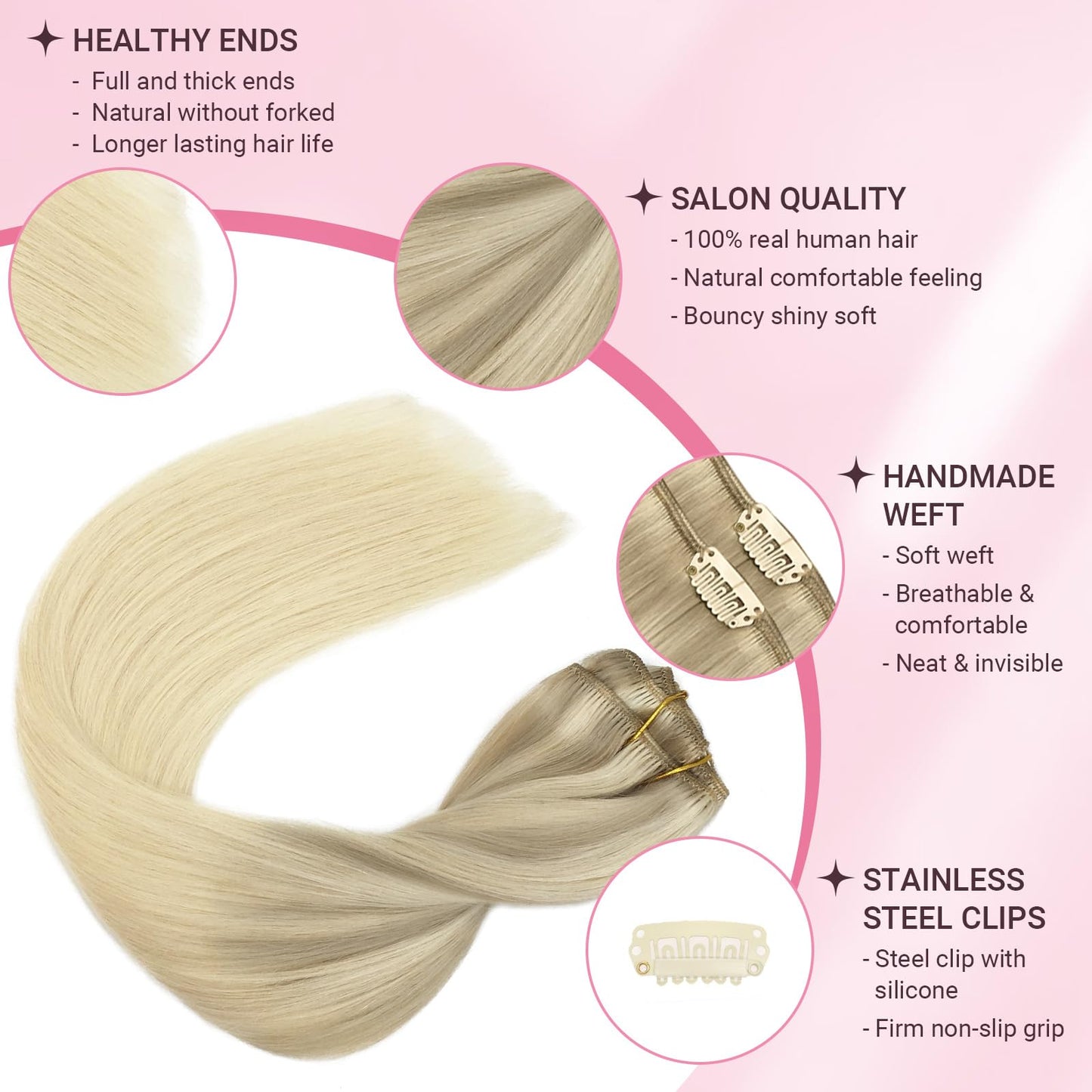 MAXITA Clip in Hair Extensions Real Human Hair,Remy Hair Extensions Clip ins Double Weft for Women,Natural Real Human Hair,14Inch 60g 5Pcs,Ash Blonde Highlighted Platinum Blonde