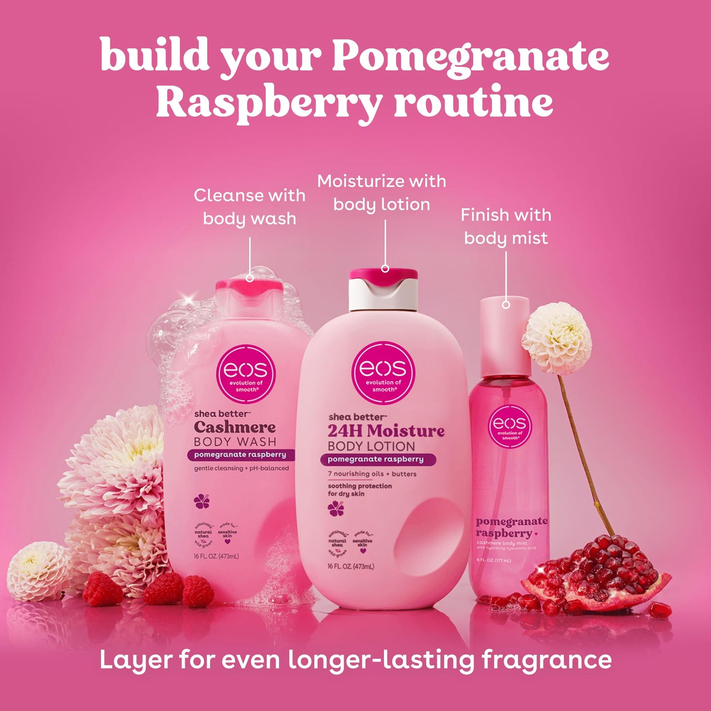 eos Cashmere Body Mist, Pomegranate Raspberry, Body Spray for Women, Fruity Hair Mist, Moisturizing Formula with Hyaluronic Acid and Glycerin, Vegan, Cruelty-Free, 6 fl oz