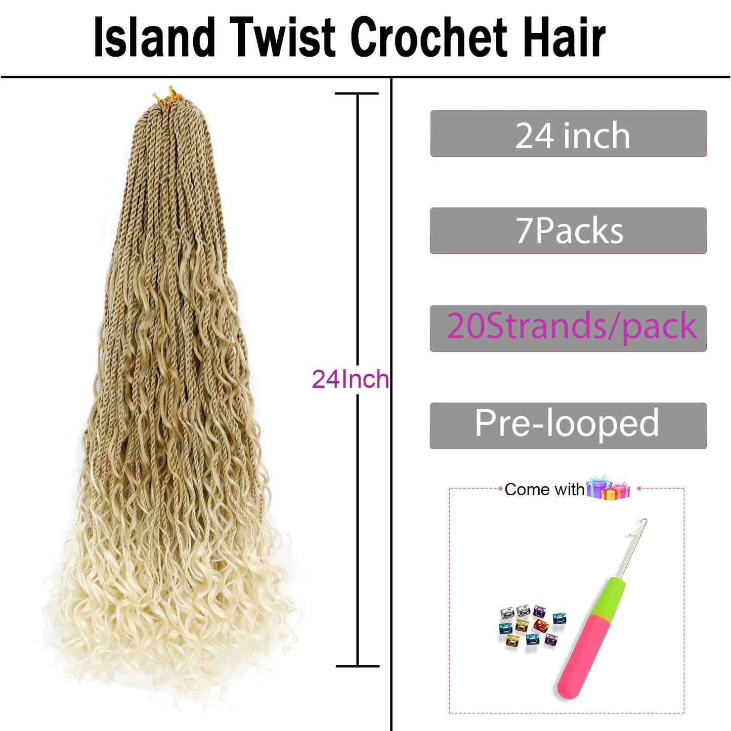 Senegalese Twist Crochet Hair for Black Women 24inch Boho Island Twist Crochet Braids With Curly Ends 20strands/pack Pre looped Goodess Boho Box Braids Hair for Braiding Hair Extensions(27/613, 7pack)