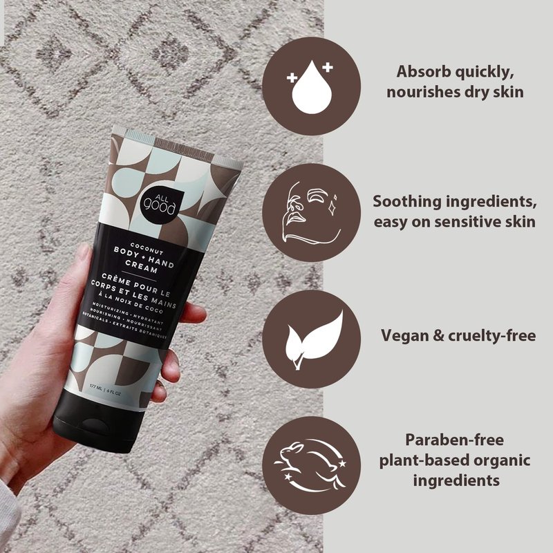 All Good Hand & Body Lotion w/Essential Oils - Moisturizing Organic Lotion w/Calendula, Cocoa Butter, Coconut & Rose Hip Oil - Non GMO - Vegan - 6 oz (Coconut)