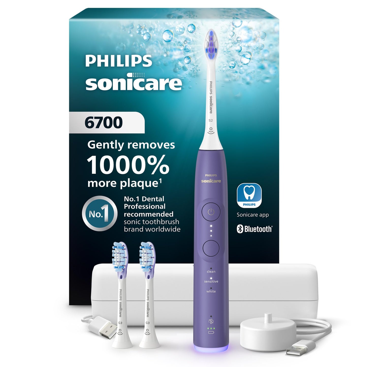 Philips Sonicare 6700 Series Electric Toothbrush, Pressure Sensor, 9 Brushing Settings, SmarTimer, BrushPacer, 21-Day Runtime, Travel Case, for Gum Health & Sensitive Teeth, Purple, HX7417/04