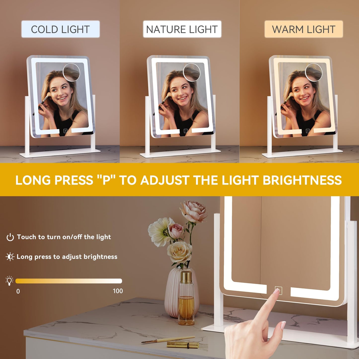 DWVO Vanity Mirror with Lights, 3 Color Lighting Modes, Magnification Mirror, Makeup Mirror with Smart Touch Control
