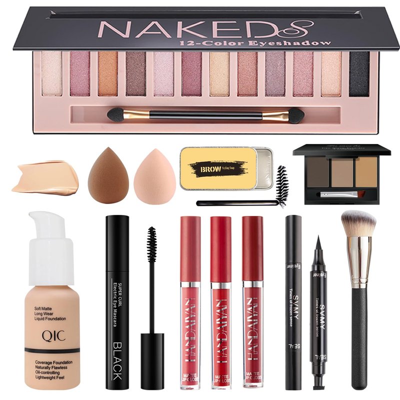 All in One Makeup Kit, Makeup Gift Set for Women Teen Girl, Ideal for Valentine's Day/Christmas/Birthday, Include Eyeshadow, Foundation, Lipstick, Mascara, Brush, Sponge, Brow Powder & Soap, Eyeliner
