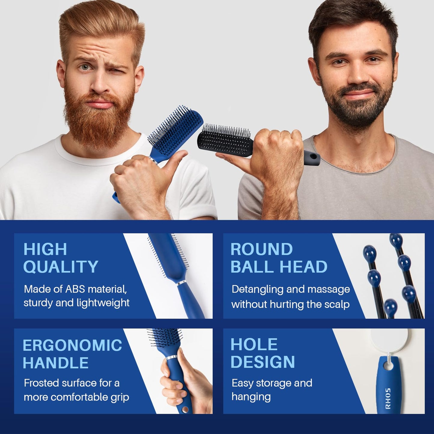 RHOS Hair Brush for Men - Detangler Styling Brush with Nylon Bristles for Wet and Dry Hair, Suitable for Bangs, Thin, Short, and Thick Hair