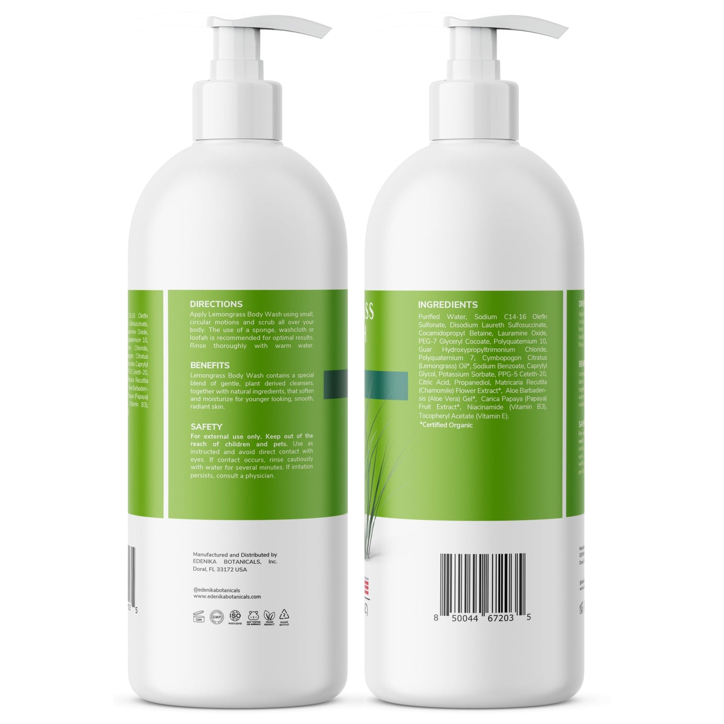 EDENIKA BOTANICALS Lemongrass Body Wash with Vitamin E, Cleanses, Refreshes & Invigorates, Shower Gel for Dry and Sensitive Skin, Women & Men, Organic & Natural, 16 fl oz, 2-Pack