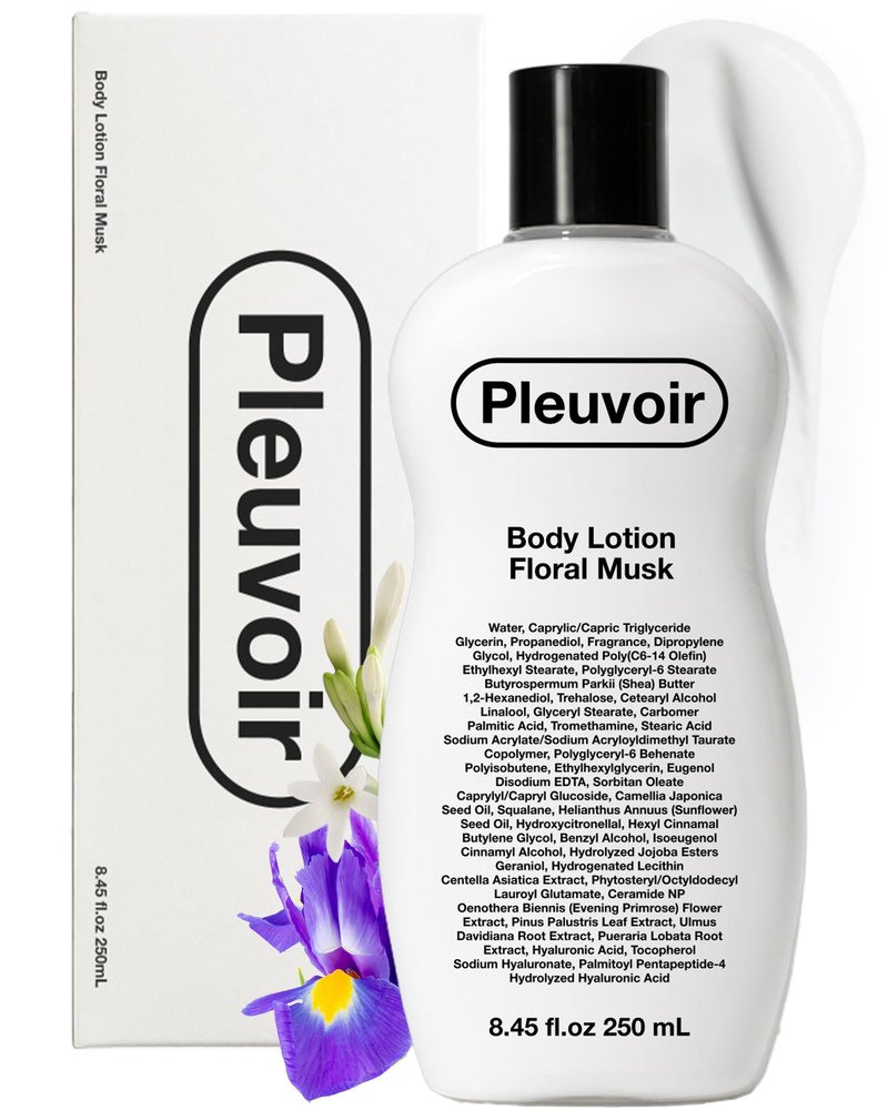 Pleuvoir Floral Musk Body Lotion for Women, Fast-Absorbing Perfume Cream with 5 Hyaluronic Acids, Ceramide NP & Peptide, Hydrating K-Beauty Moisturizer for Dry Skin, French MANE, Vegan, 8.45 fl oz