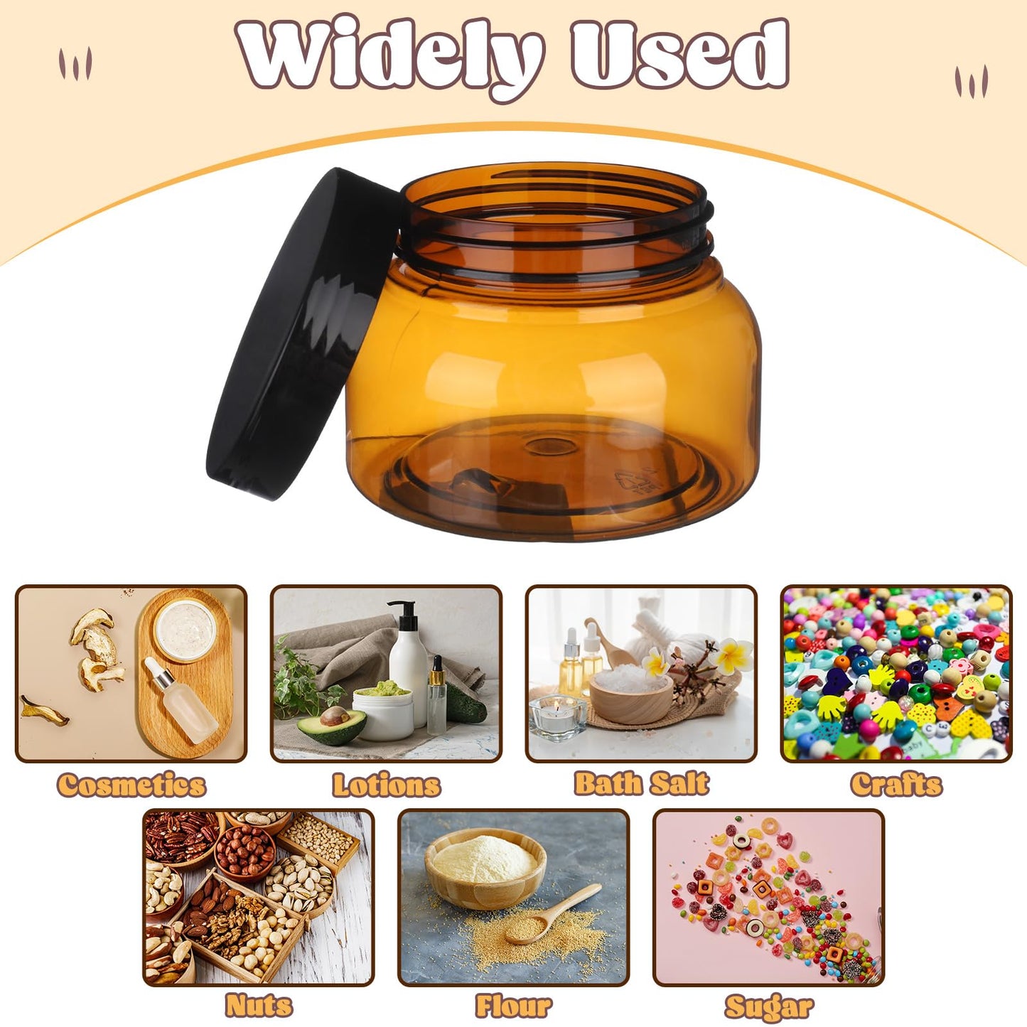 Hoemwarm 32 Pack 8 oz Plastic Sugar Scrub Containers with Lids, Body Butter Jars Amber Empty Refillable Round Cosmetic Containers for Creams,Lotions,Candy,Bath Salt,Gel