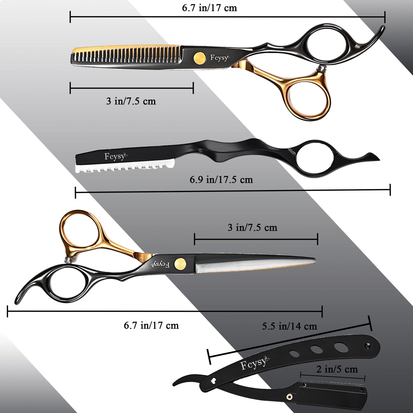 Hair Cutting Scissors Thinning Shears Kit for Haircutting, Fcysy Professional Barber Scissors Set, Black Haircut Scissor Blending Shears Straight Edge Razor Barber Supplies for Men Women