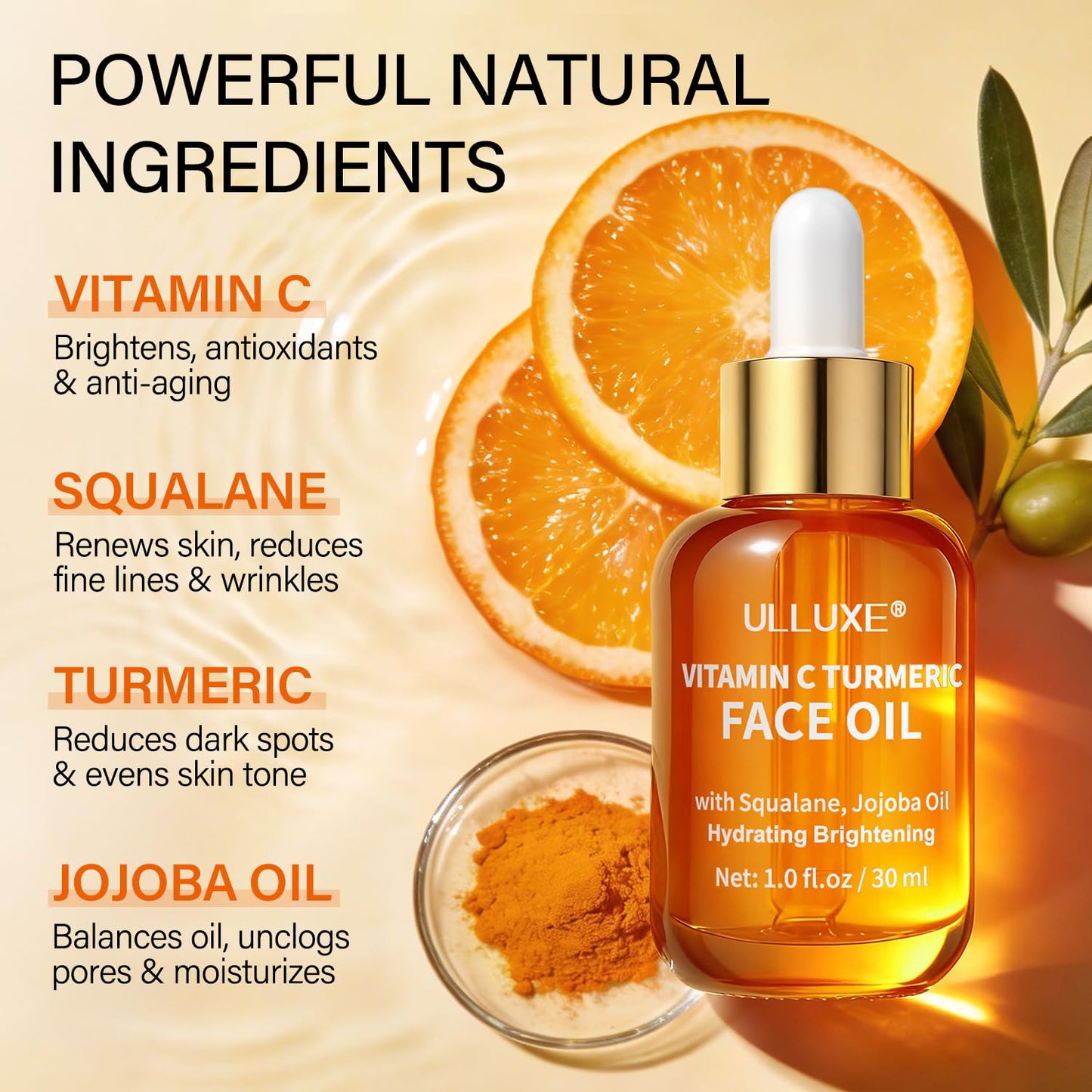Vitamin C Turmeric Face Oil, Brightening & Hydrating Facial Oil, Nourishing & Anti-Aging with Jojoba Oil & Squalane for Dark Spots, Dry Skin, Wrinkles & Uneven Skin Tone, for All Skin Types, 1 Fl Oz