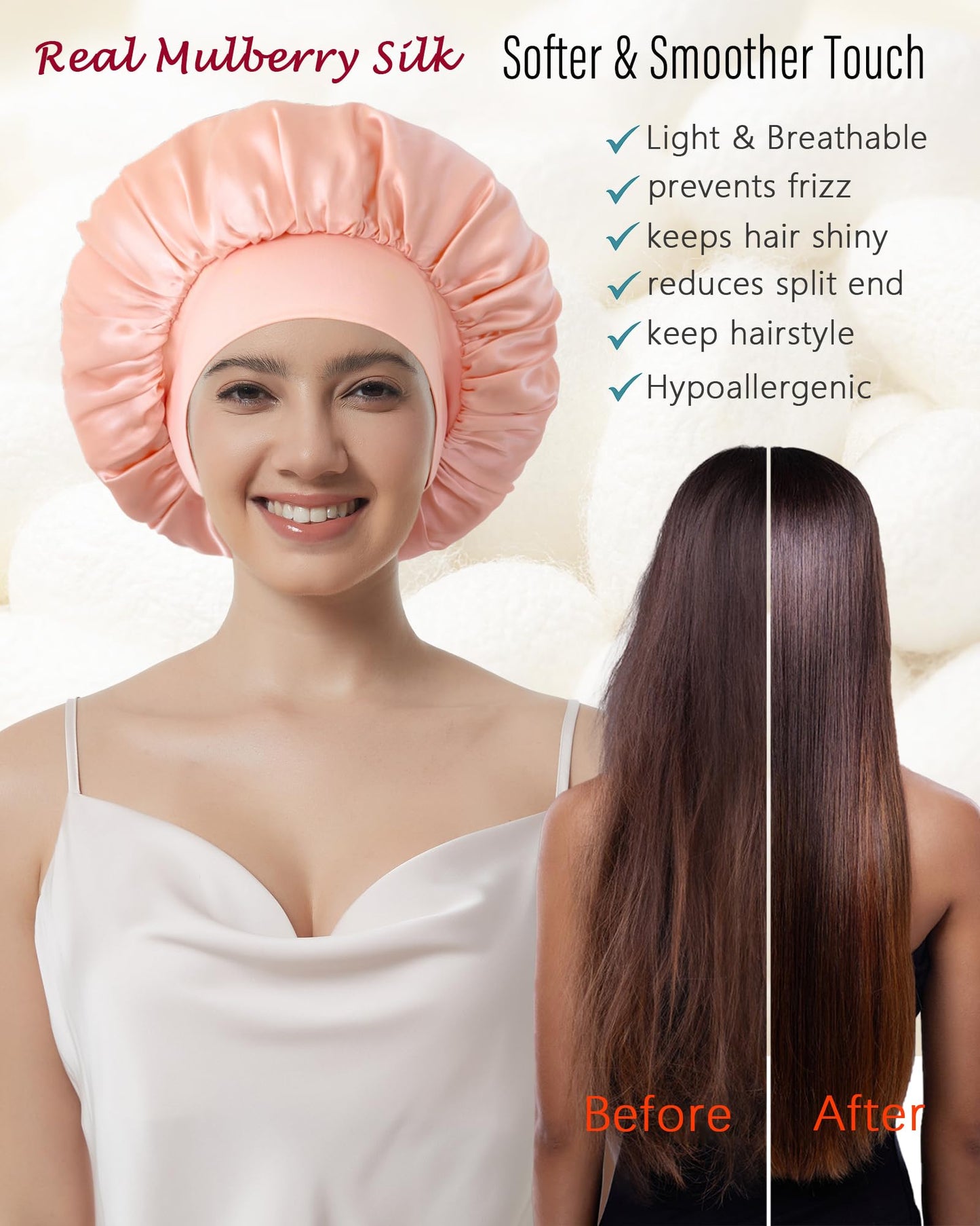 100% Mulberry Silk Bonnet for Sleeping Women, Real Pure Silk Hair Bonnets for Women Sleeping, Double Layer Sleep Cap with Soft Elastic Band for Curly Hair