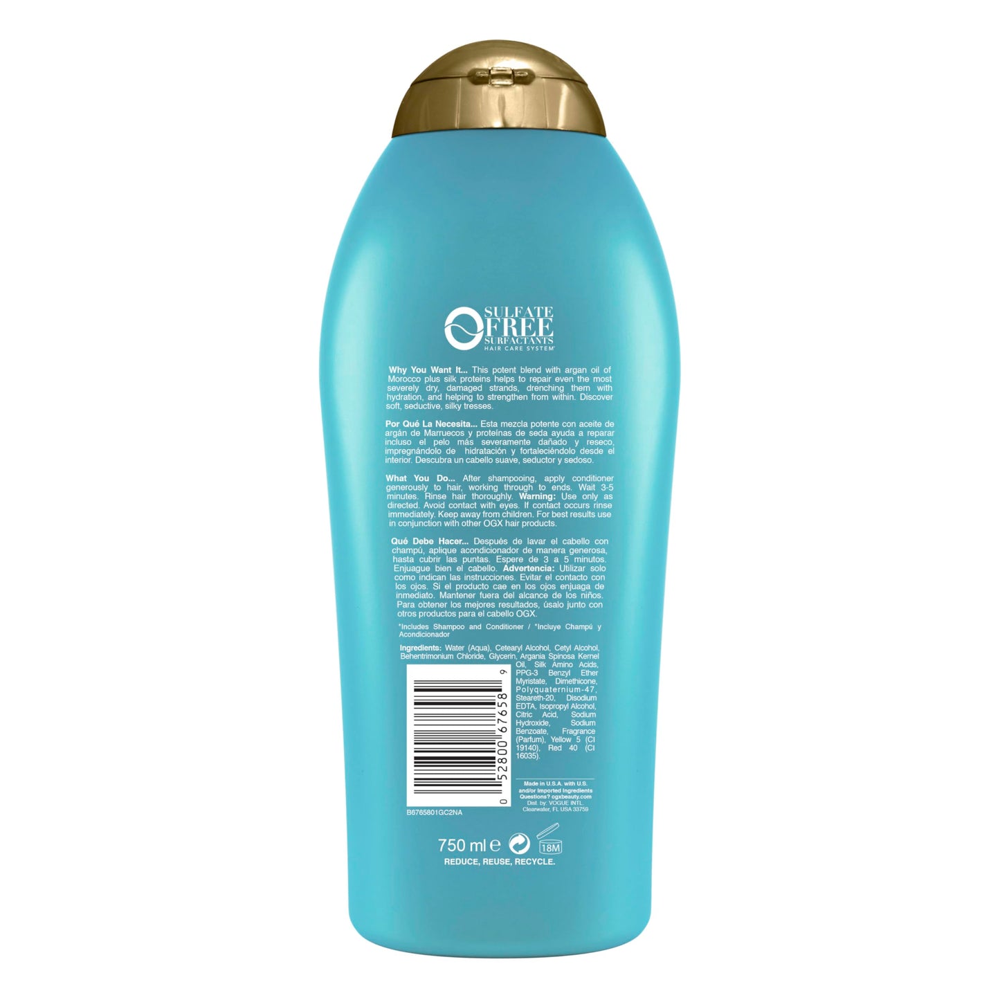 OGX Extra Strength Hydrate & Repair + Argan Oil of Morocco Conditioner for Dry, Damaged Hair, Cold-Pressed Argan Oil to Moisturize Hair, Paraben-Free, Sulfate-Free Surfactants, 25.4 Fl Oz