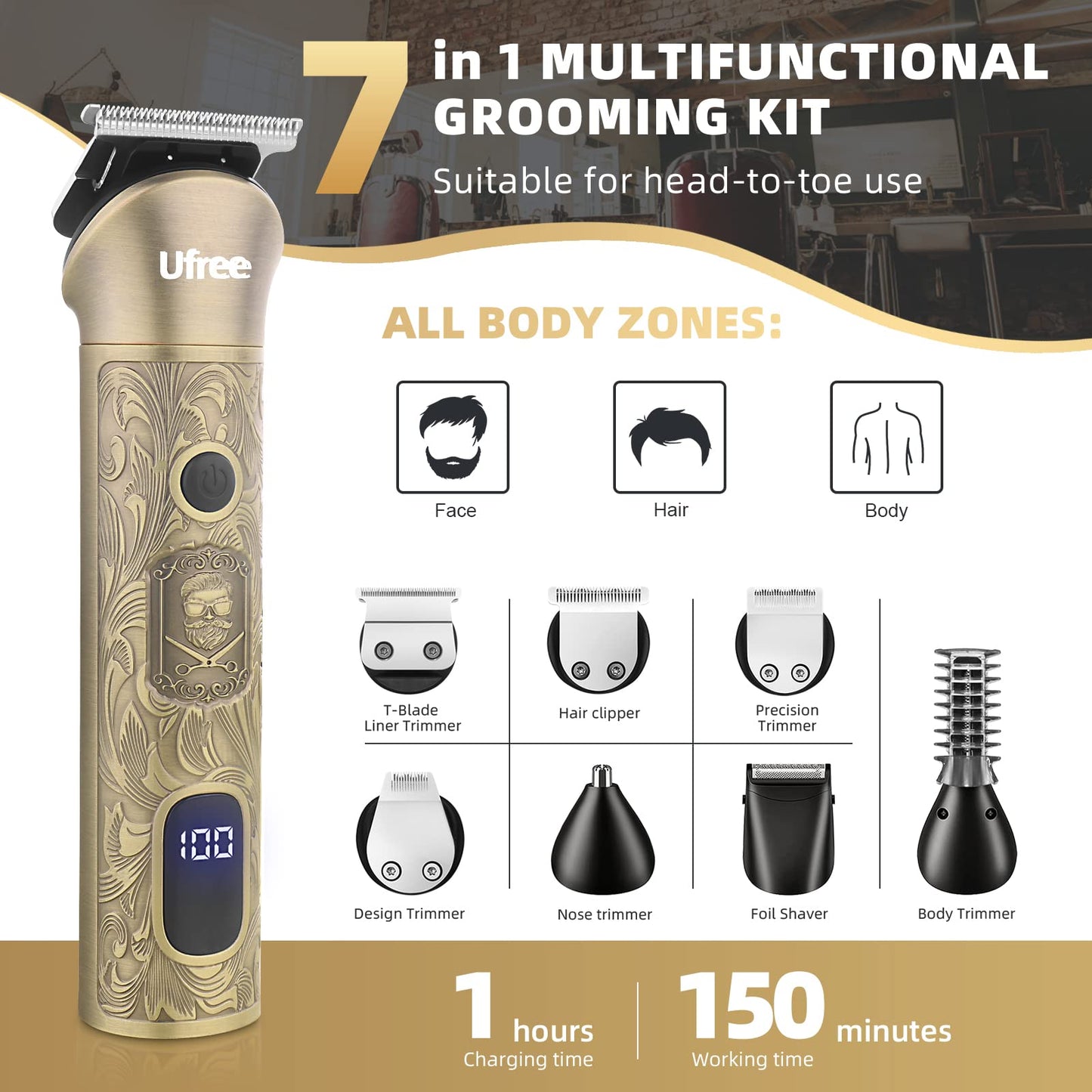 Ufree 7-in-1 Beard Trimmer for Men, Electric Razor Shaver, Men Grooming Kit