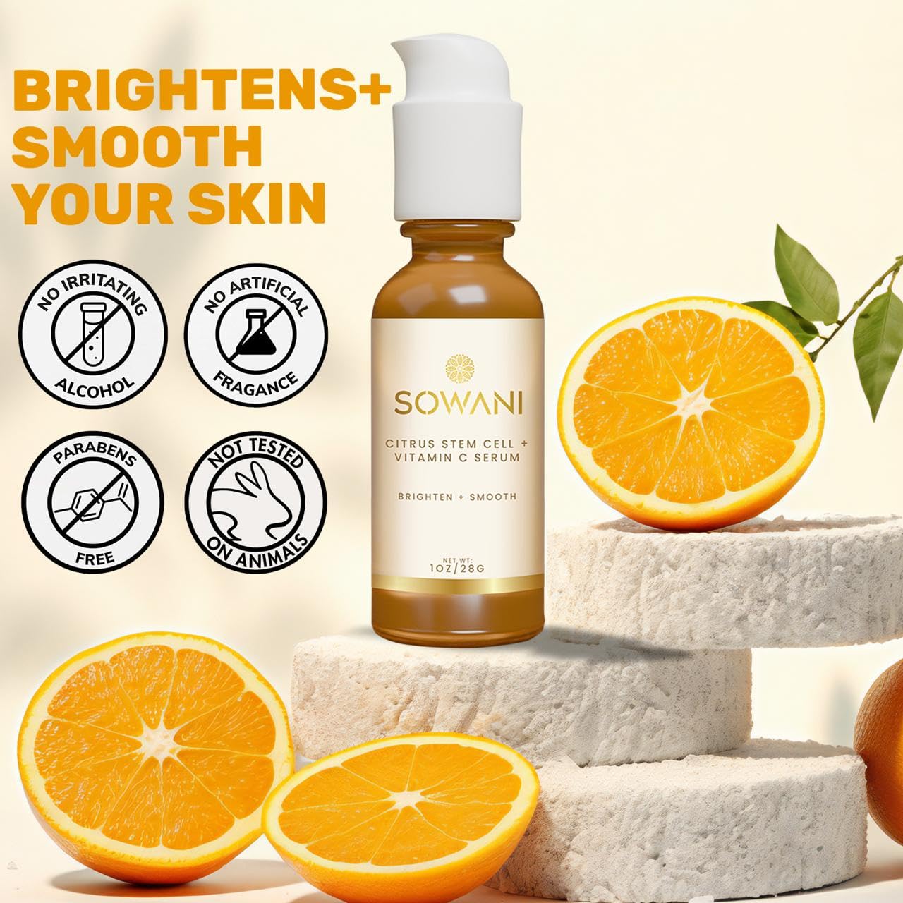 SOWANI Gentle Vitamin C Serum – Brightening & Hydrating with Citrus Stem Cells and Chamomile, Safe for Rosacea & Sensitive Skin, 1oz