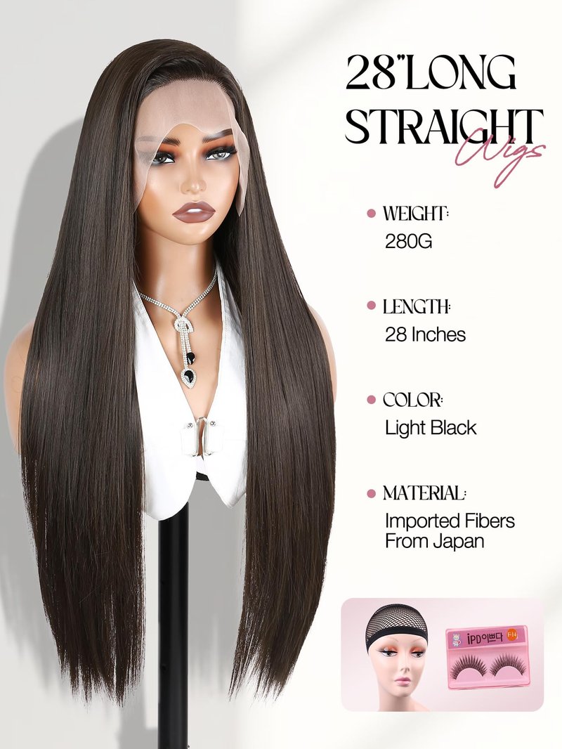 WIGER Copper Brown Straight Lace Front Wig Long 28 Inch Pre Plucked Hairline Wig for Women Natural Looking Synthetic Straight Wig for Daily Halloween Costume Party