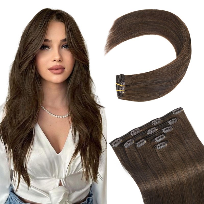 MEI YUAN LIN Hair Extensions Real Human Hair 14 Inch Clip In Human Hair Extensions Soft, Silky, Easy To Wear5pcs 80g Chocolate Brown