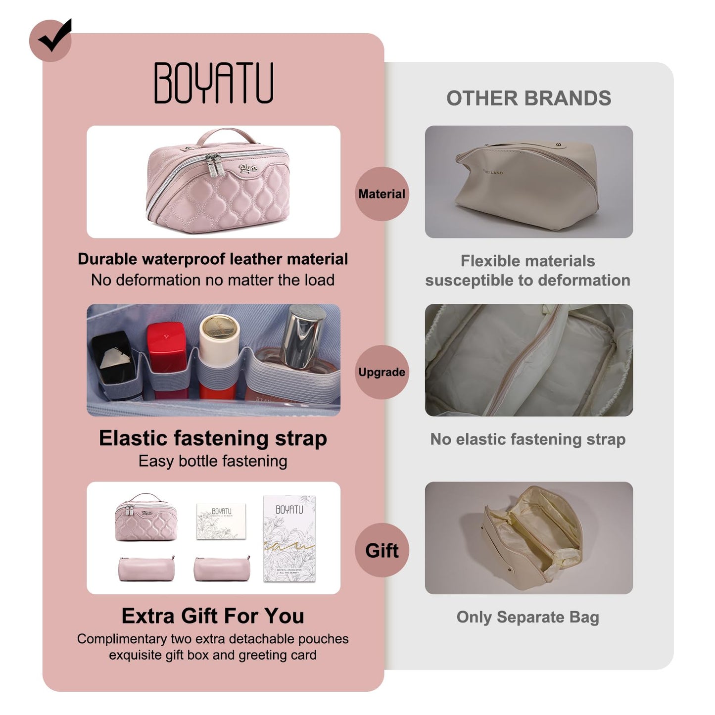 BOYATU Travel Makeup Bags for Women Cosmetic Bag: Puffy Make up Bags Set of 3 - Vegan Leather Makeup Organizer - Waterproof Large Toiletry Bag with Compartments - Travel Essentials (H-3-Pink)