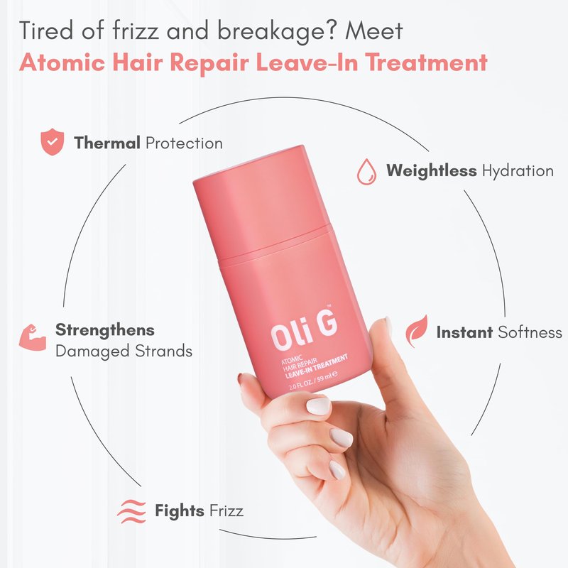 Oli G Atomic Hair Repair Leave In Treatment for Women – Anti Frizz Hair Treatment Cream with Oligopeptides & Botanical Proteins – Conditioning, Moisture & Strengthening Formula – All Hair Types – 2oz