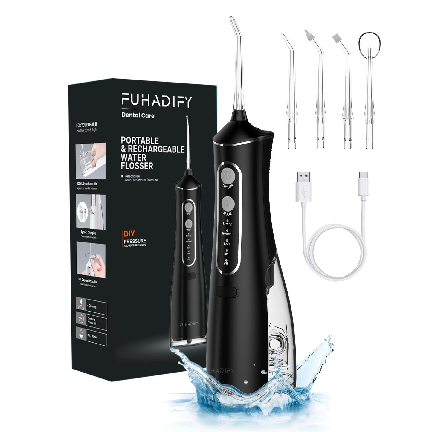 FUHADIFY Cordless Water Flosser with 4 Modes - Portable & Rechargeable Water Flossers for Teeth Cleaning, Gum Care, Braces - 300 ML, IPX7 Waterproof Electric Flosser Oral irrigator for Home Travel Use