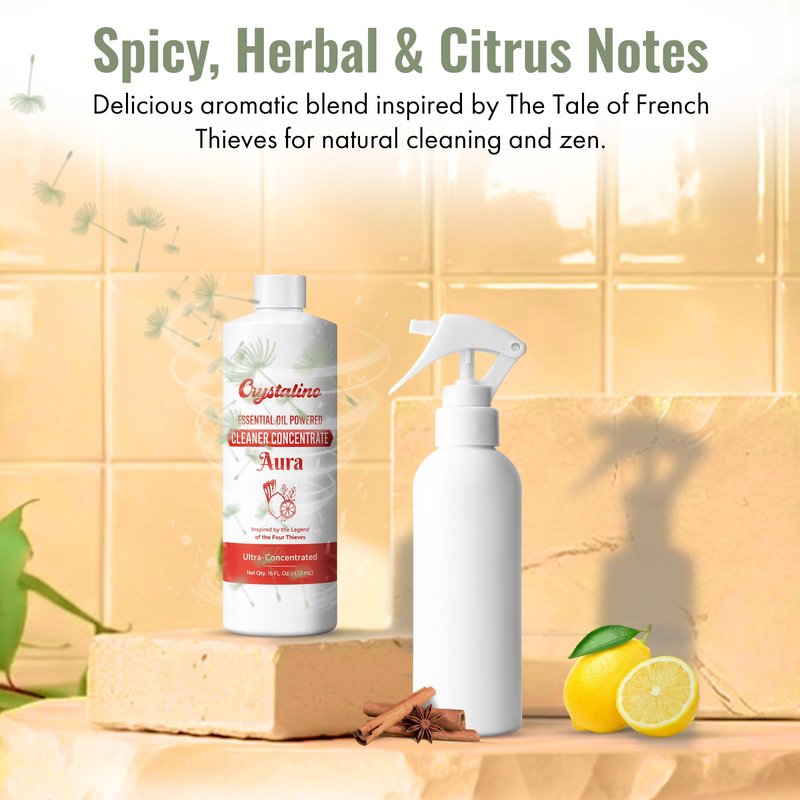 Crystalino Aura Natural Cleaner Concentrate – Inspired by the legend of the Four Thieves Essential Oils, 16oz
