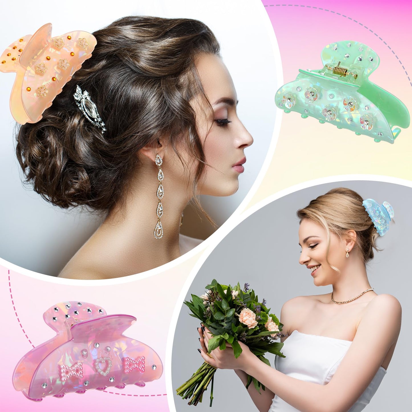 Suncalla 6 Set DIY Hair Claw Clips Kit Acrylic Claw Clip with Resin Rhinestones Pearls Hair Clips with Strong Hold Non-slip Banana Barrettes for Women Party Crafting Night DIY(Classic)