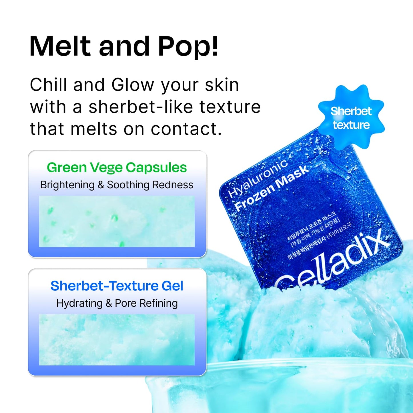 Celladix Hyaluronic Frozen Sherbet Mask – 95% Pure Hyaluronic Acid with Niacinamide & AHA – Instant Cooling for Morning Depuff, Hydration, Lifting & Pore Refining – Korean Skincare, 9 Pods 4.22 Fl Oz
