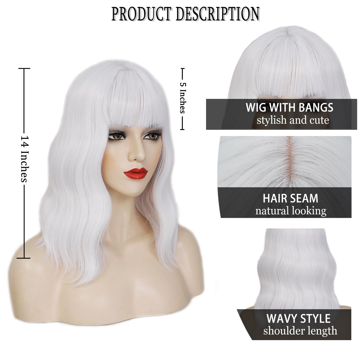 Beelu White Wig with Bangs 14 Inch Short Wavy Synthetic Bob Wigs for Women