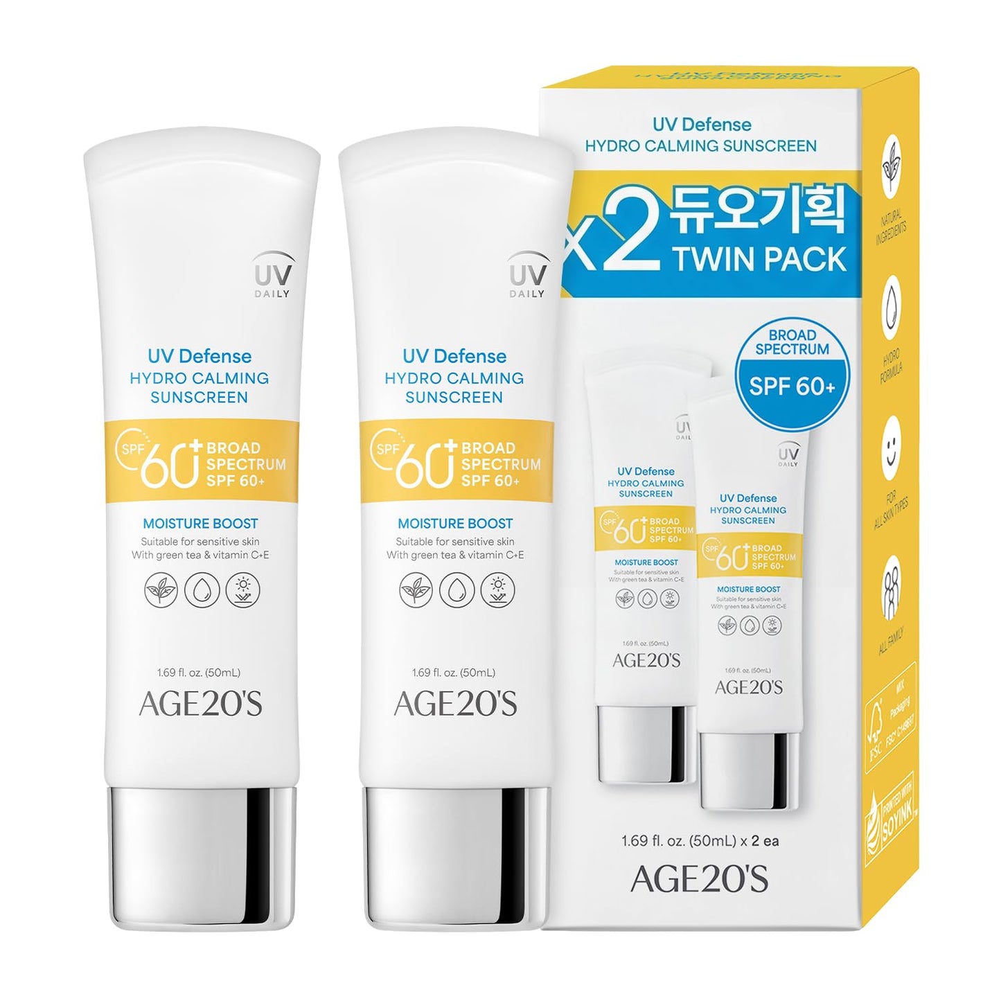 AGE20'S UV Defense Hydro Calming Sunscreen SPF 60+ - Lightweight, Moisturizing Formula with Green Tea & Aloe Vera | 1.69 fl. oz.