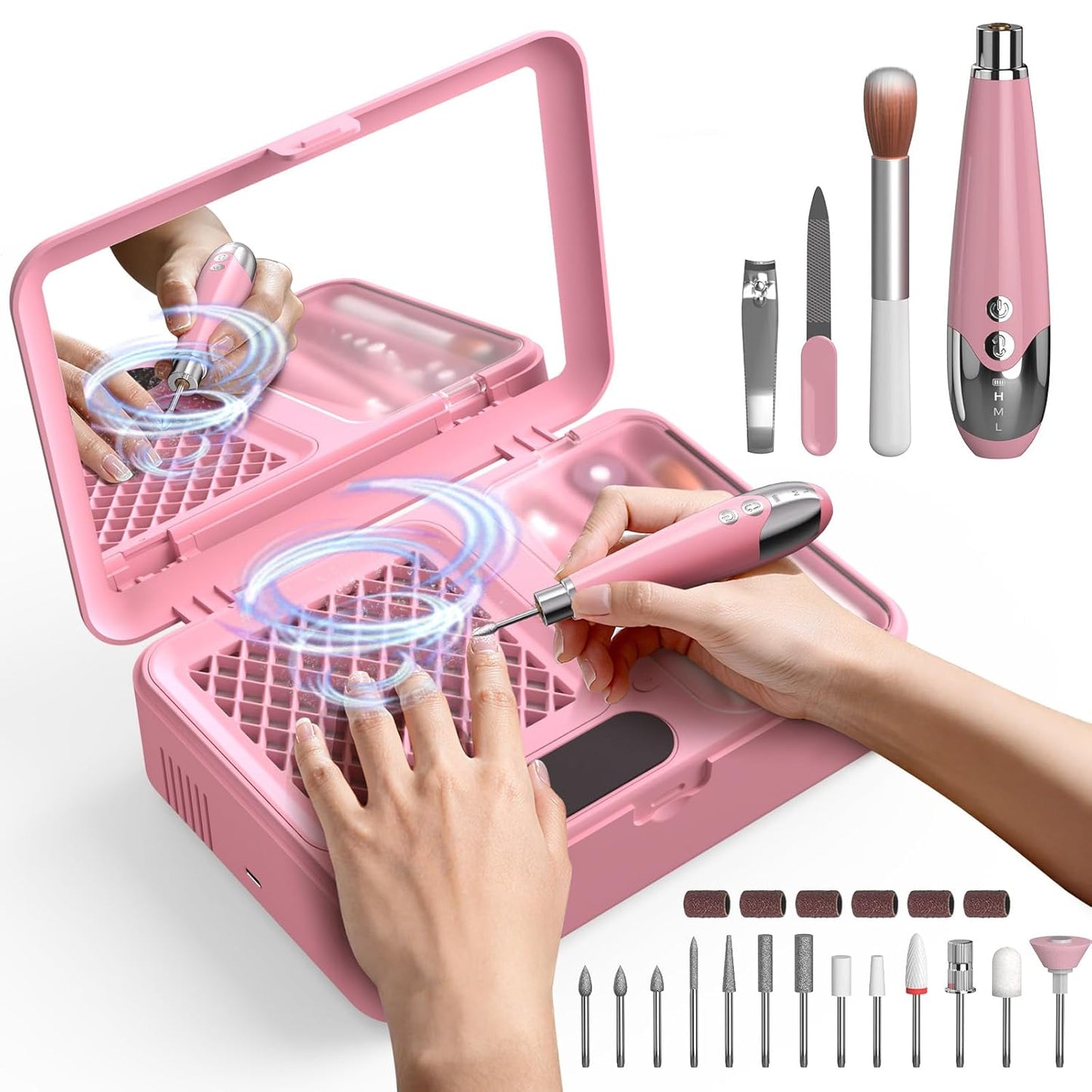 Nail Dust Collector & Cordless Electric Nail Drill Kit | Professional Manicure & Pedicure with 13 Bits - Pink