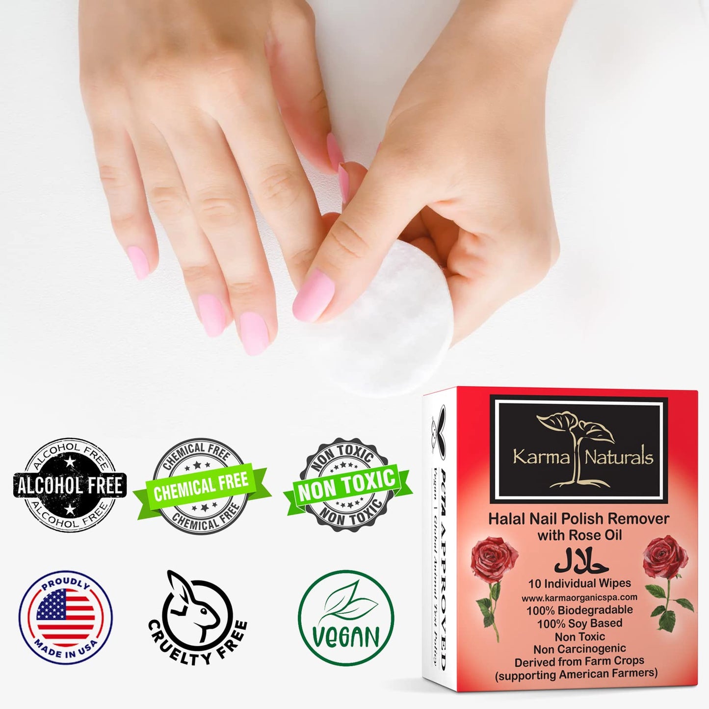 Karma Halal Nail Polish Remover Wipes with Rose Oil; Non-Toxic, Vegan, Cruelty-Free – Pack of 10