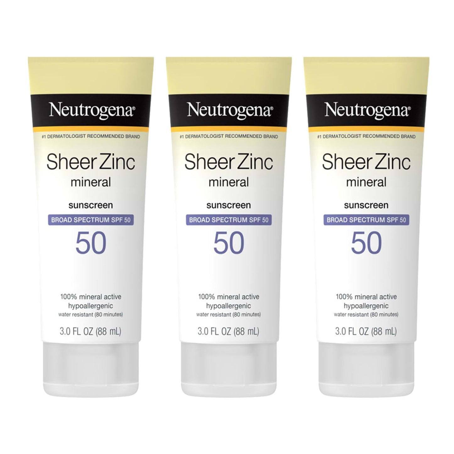 Neutrogena Mineral Sunscreen Sheer Zinc Oxide Dry-Touch Lotion, Broad Spectrum Sunblock SPF 50, Water Resistant Sunscreen For Sensitive Skin, 3 fl. oz, 3 Pack
