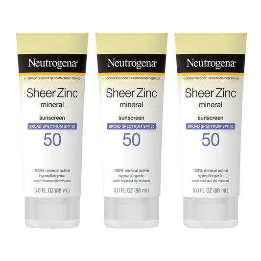 Neutrogena Mineral Sunscreen Sheer Zinc Oxide Dry-Touch Lotion, Broad Spectrum Sunblock SPF 50, Water Resistant Sunscreen For Sensitive Skin, 3 fl. oz, 3 Pack