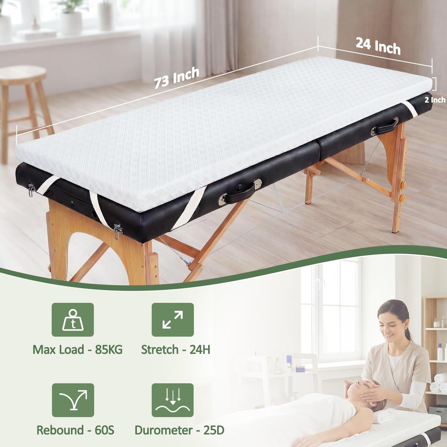 Memory Foam Lash Bed Topper for Massage Table, Beauty Salon Esthetician Mattress Toppers Based on 25D High Density Foam, Non-Slip Facial Beds Pad with Twill Removable Cover & Elastic Bands-73x24x2inch