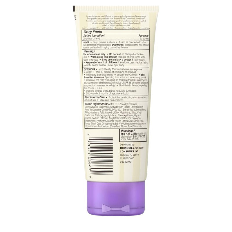Aveeno Baby Zinc Oxide Mineral Sunscreen Lotion - SPF 50, Tear-Free, Water-Resistant, 7 fl. oz