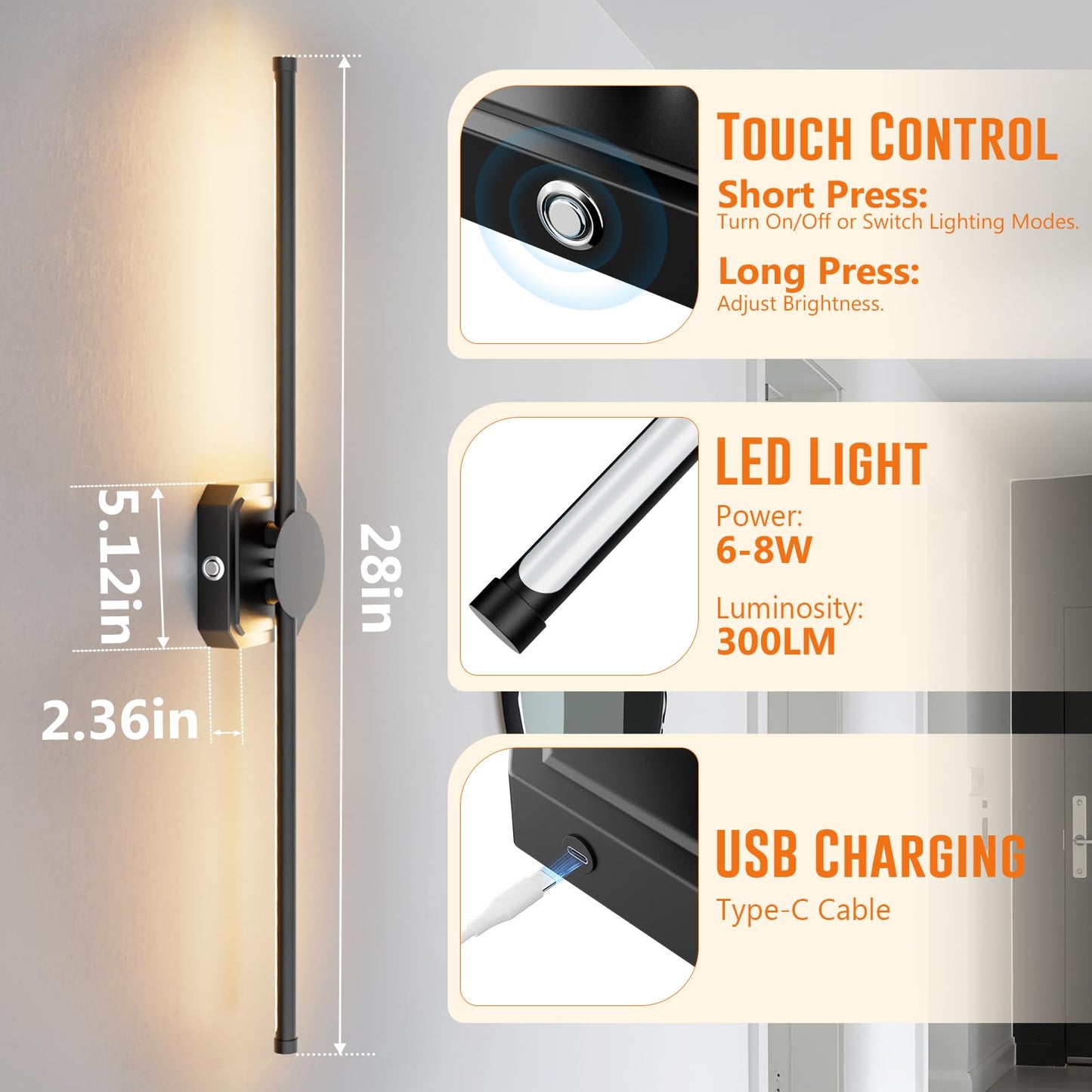 HEERTTOGO Battery Operated Wall Sconce, Rechargeable Wall Light with Touch Control, 3 Color Temperatures & 3 Brightness Levels, 350° Adjustable Rotating Head, for Bedroom, Hallway, Staircase (1 Pack)