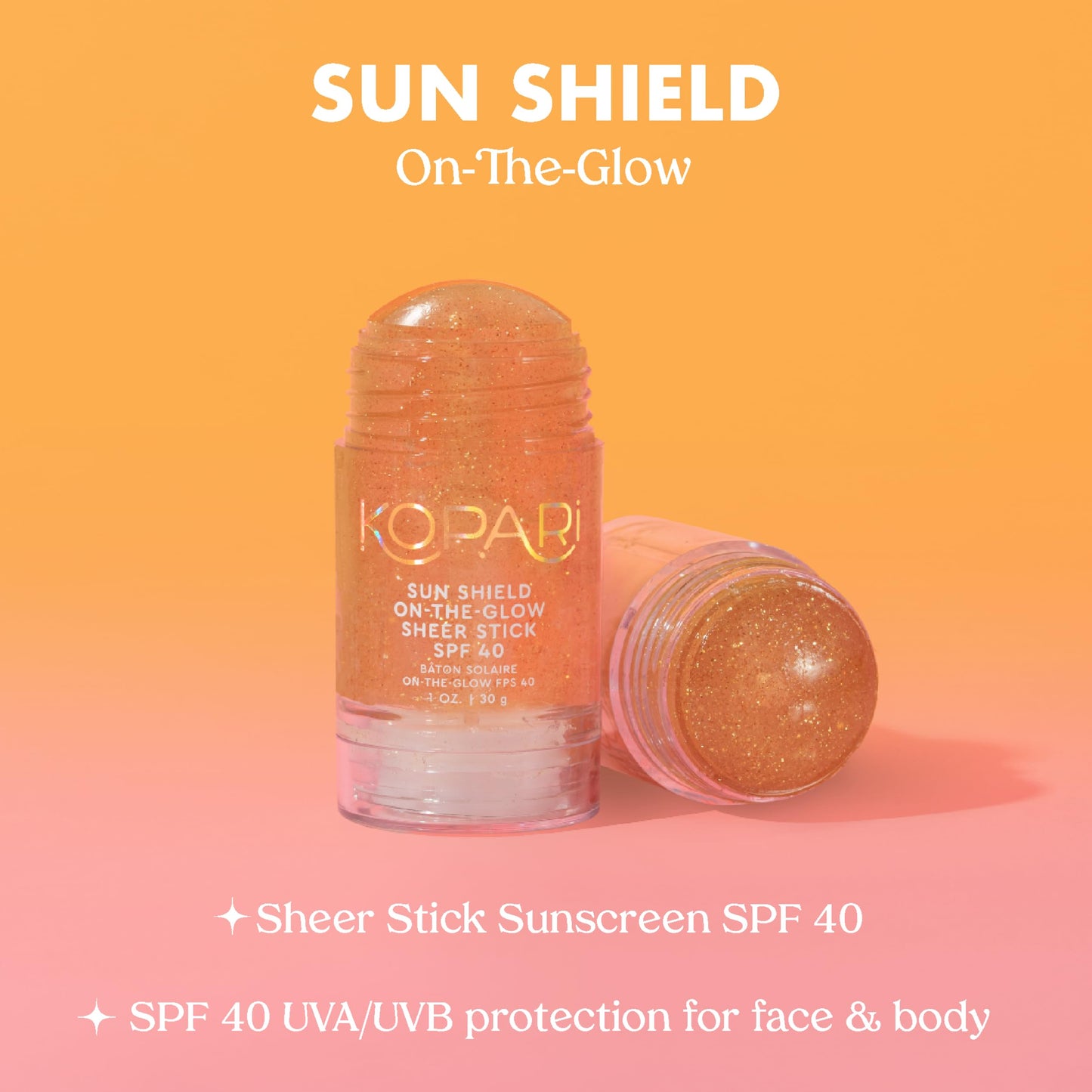 Kopari Sun Shield On-The-Glow Sheer Sunscreen Stick SPF 40, Sweat and Water Resistant Roll On Sunscreen For Face and Body with Vitamin E and Bisobolol, 1oz