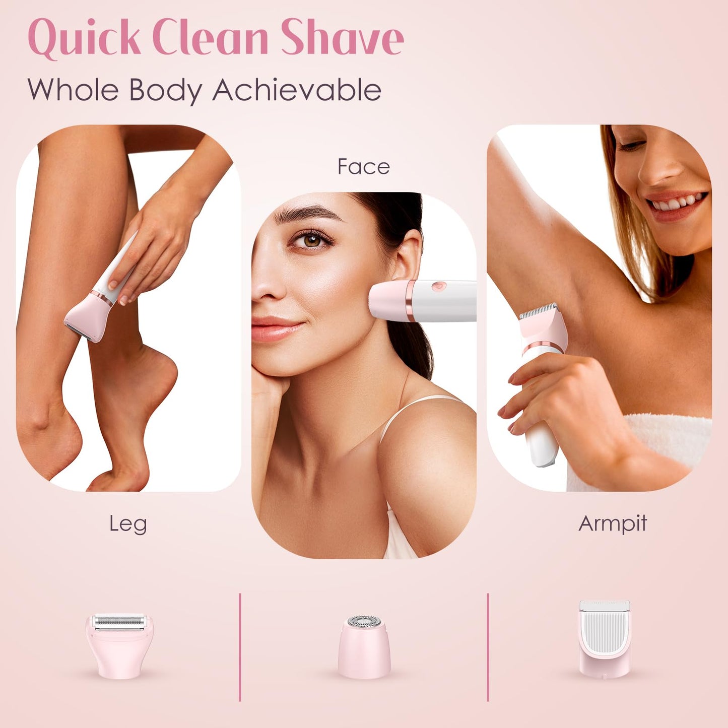 Bikini Trimmer for Women, Painless Electric Razor Shaver Women - Rechargeable Body Hair Trimmer, 3-In-1 Detachable Removal Kit with Ceramic Blade, Cordless Lady Shaver for Trip, IPX7 Waterproof, White