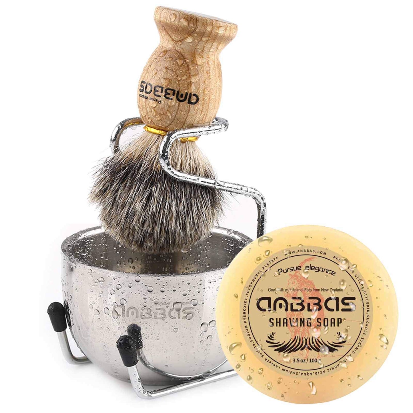Anbbas 4in1 Badger Hair Shaving Brush Set, with Goat Milk Soap Refill,Stainless Steel Stand Holder and Soap Bowl,Perfect for Men Gift Baber Style Wet Shave