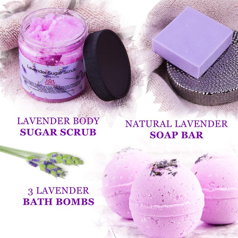 Organic Lavender Gift Basket - Spa Kit with Soy Wax Candle, Bath Bombs & Natural Oils | Perfect Gift for Women & Moms