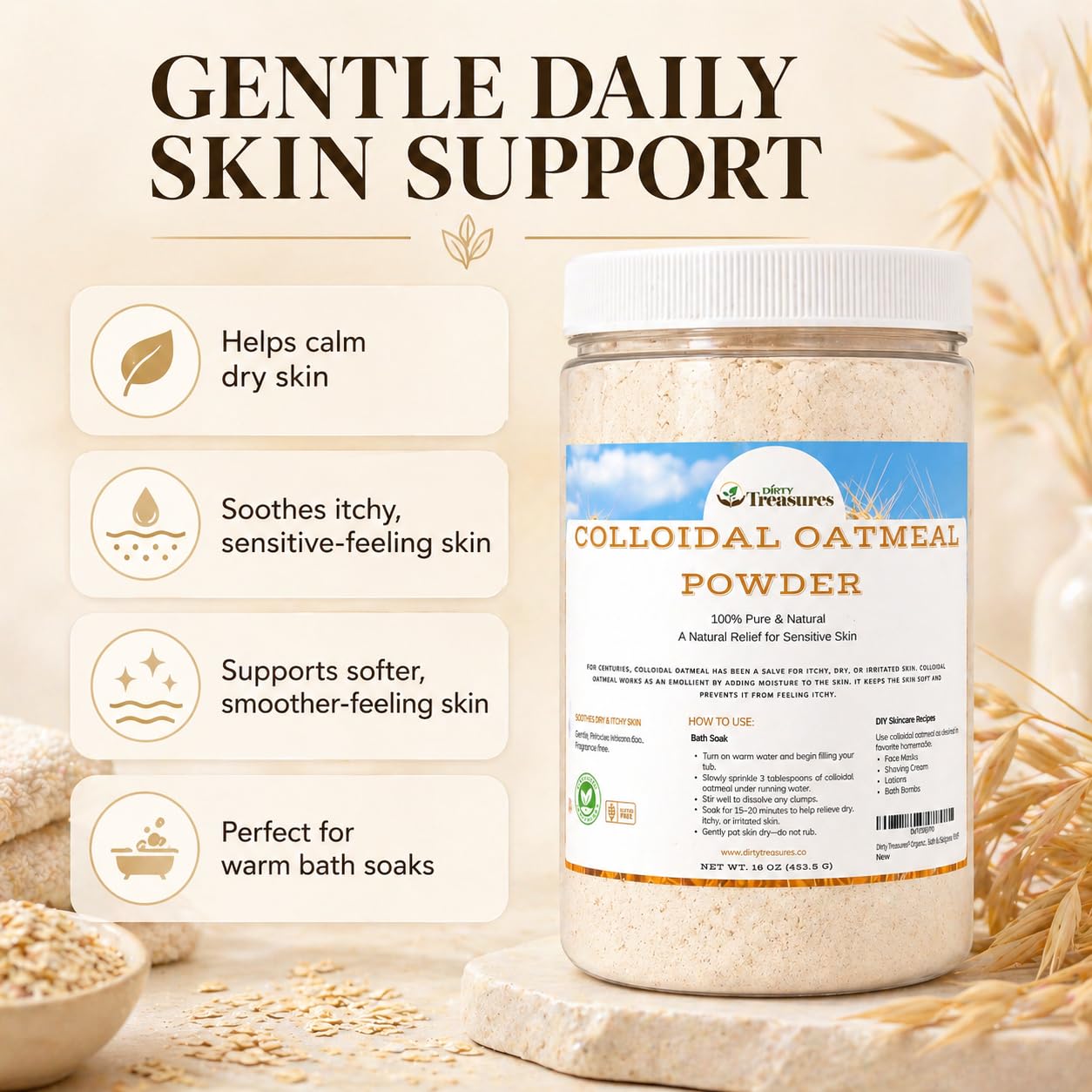 Dirty Treasures Colloidal Oatmeal Bath | Eczema & Itchy Skin Relief | Baby-Safe, 100% Natural, Fragrance-Free | 1 lb (16oz)